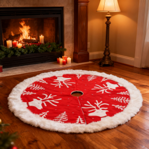 48 inch christmas tree skirt large reindeer red xmas tree mat, double layer soft non woven with rabbit hair for indoor outdoor winter decorations & party decoration