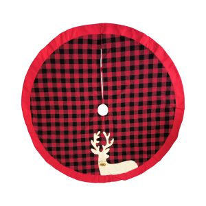 large 48 inch christmas tree skirt with red and black checkered cloth and reindeer bells design – thick double layer holiday mat for indoor outdoor party décor