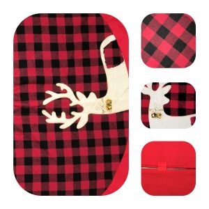 large 48 inch christmas tree skirt with red and black checkered cloth and reindeer bells design – thick double layer holiday mat for indoor outdoor party décor