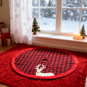 large 48 inch christmas tree skirt with red and black checkered cloth and reindeer bells design – thick double layer holiday mat for indoor outdoor party décor
