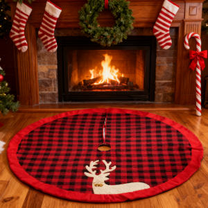 large 48 inch christmas tree skirt with red and black checkered cloth and reindeer bells design – thick double layer holiday mat for indoor outdoor party décor