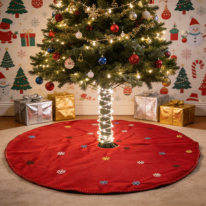 48" red single sided velvet christmas tree dress with snowflake patterns, family holiday decoration, christmas decoration