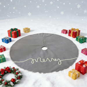soft textured christmas tree skirt 48 inch grey double layer design with cozy pom pom trim & easy closure