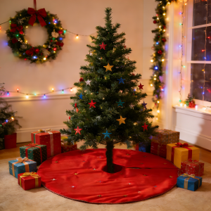 48" red single sided velvet christmas tree dress with star patterns, family holiday decoration, christmas decoration